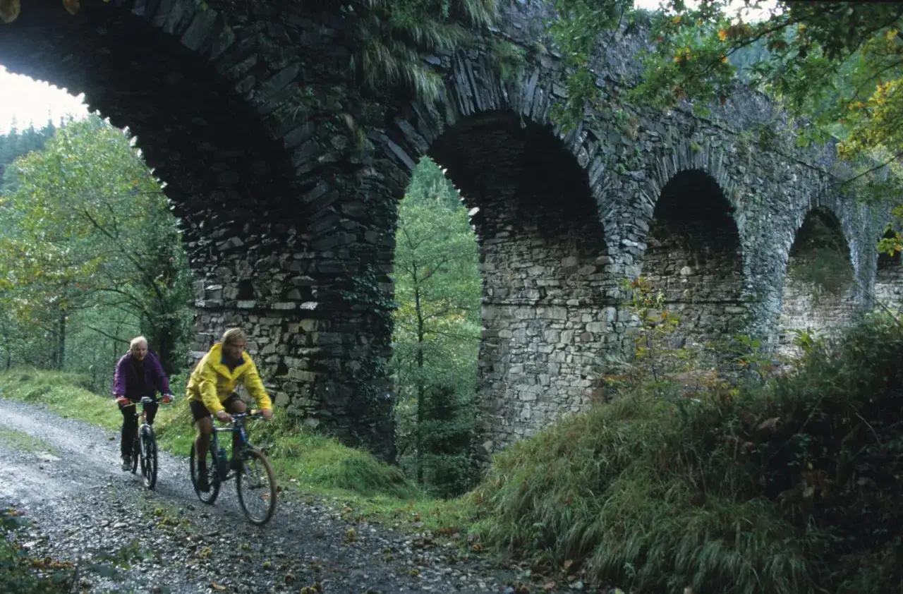 Ciclistas disfrutan de las v&iacute;as verdes Euskadi bajo un antiguo acueducto de piedra cubierto de vegetaci&oacute;n.