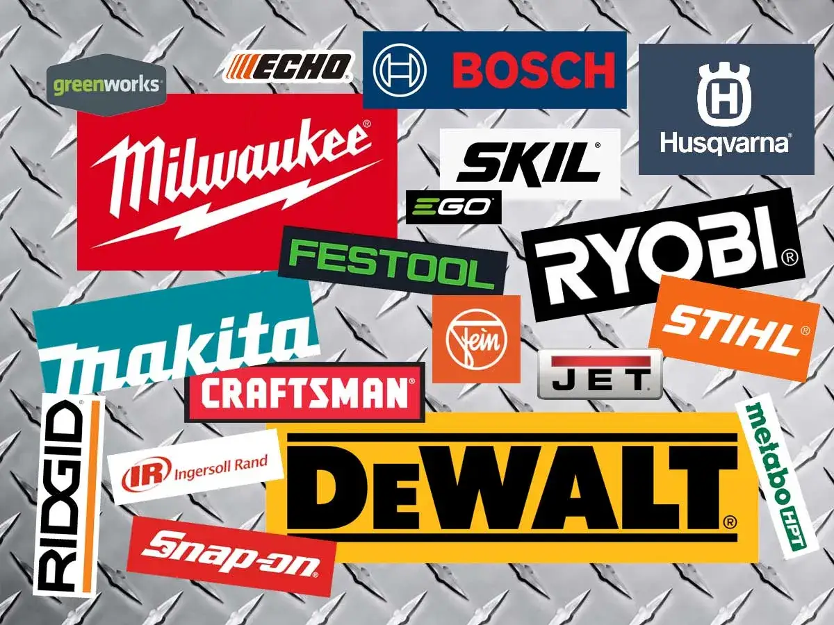 Logos de marques d'outillage, dont Milwaukee, DeWalt, Ryobi, Bosch, Makita, Husqvarna, Stihl, Craftsman, Ridgid, Snap-on, Skil, Festool, EGO, Greenworks, Echo, Jet, Metabo HPT et Ingersoll Rand.