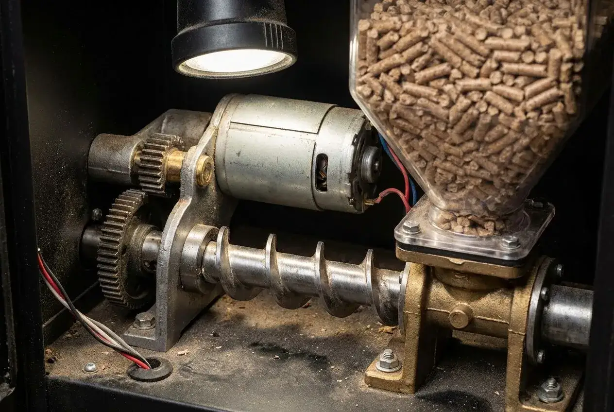 Mécanisme d'alimentation d'un poêle à granulés. La vis sans fin de mon poêle fait du bruit, alimentée par un moteur et des engrenages.