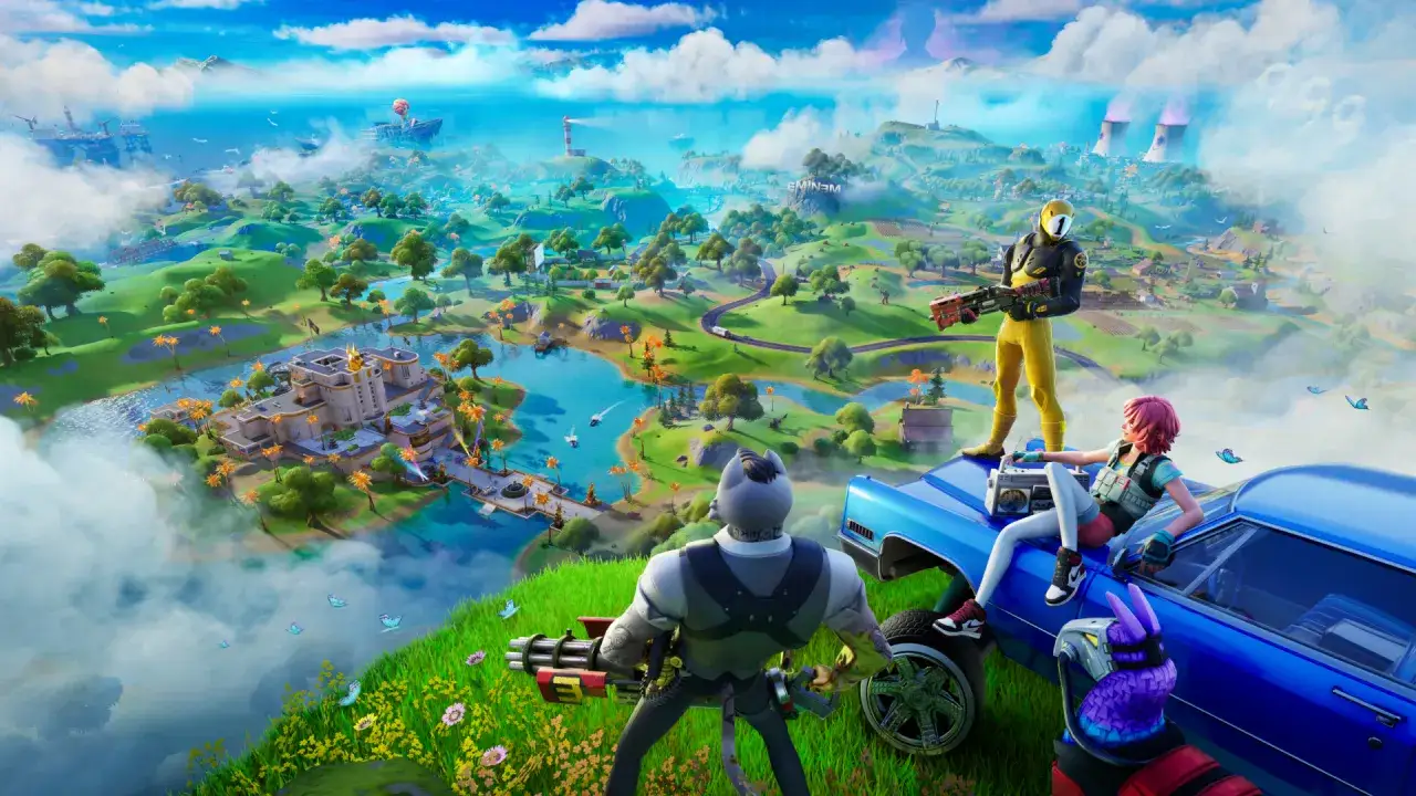Postacie z Fortnite, gry, która ma już wiele lat, na tle kolorowej wyspy z budynkami i wodą.