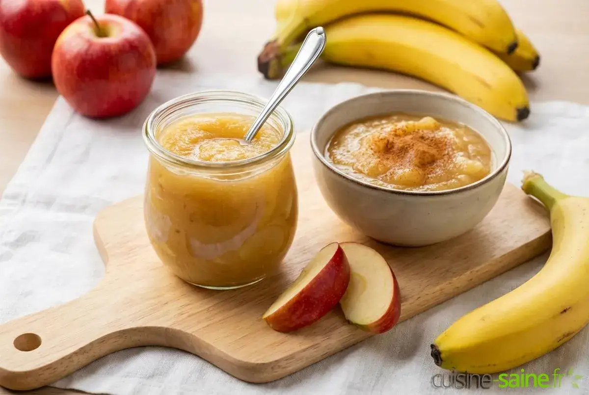 Délicieuse compote pomme banane, servie dans un bocal et un bol, avec des fruits frais et des tranches de pomme.