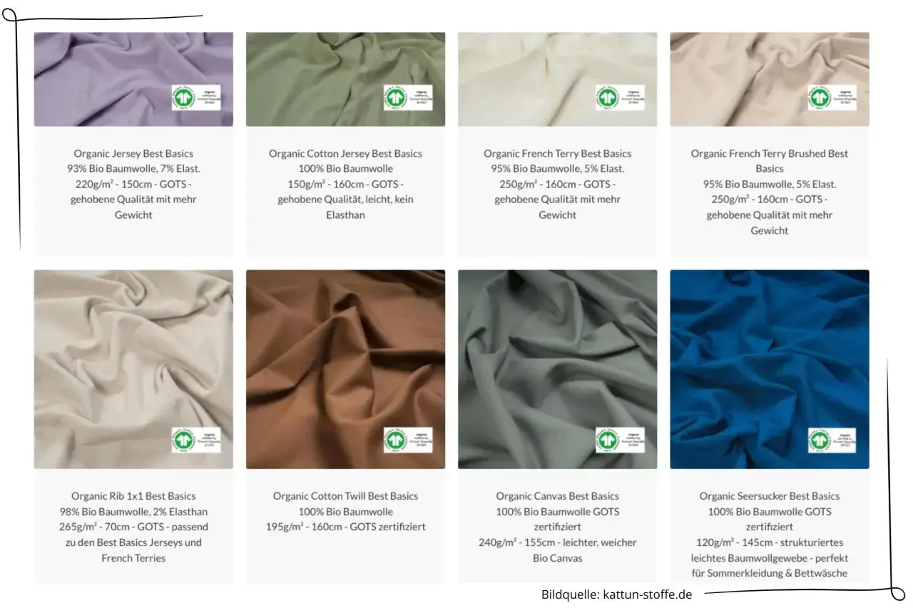 Verschiedene Stoffe aus **Bio Baumwolle**: Jersey, French Terry, Rib, Twill, Canvas und Seersucker in diversen Farben und Qualitäten.
