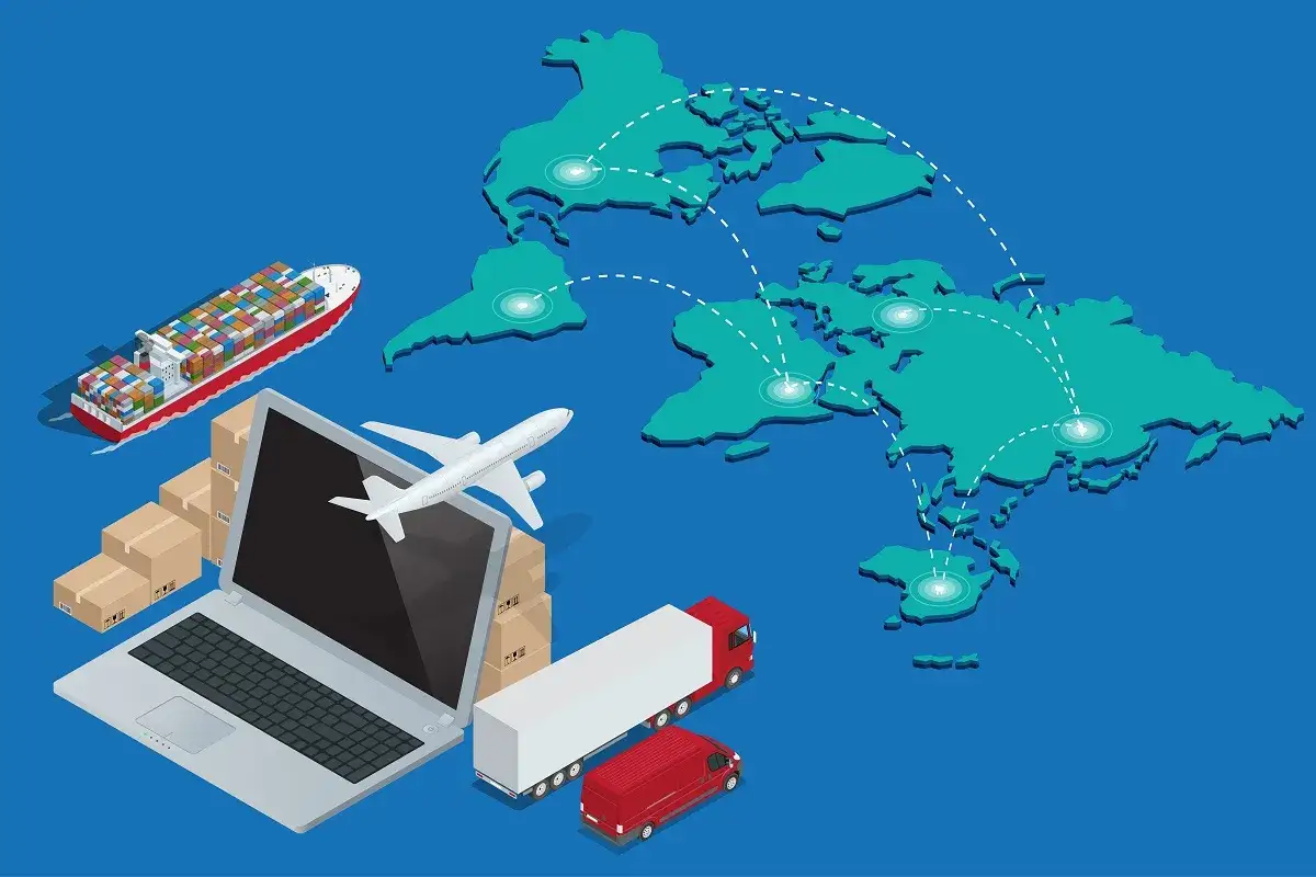 Globalny transport: statek, samolot, ciężarówka, furgonetka, laptop i paczki. Odprawa celna zakończona co to znaczy? To koniec formalności i gotowość do dalszej podróży.