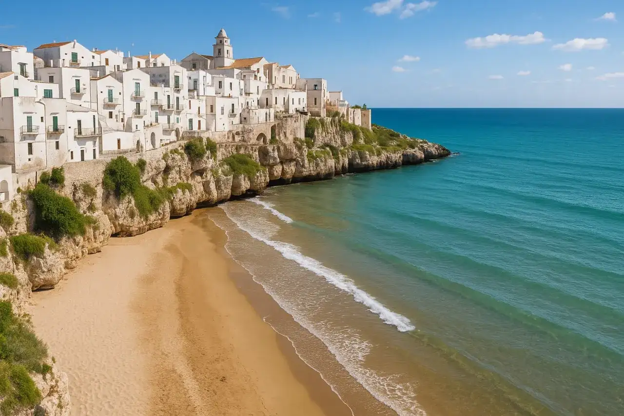 Un borgo bianco a picco sul mare turchese, una delle zone pi&ugrave; belle della Puglia, con una spiaggia dorata e onde che lambiscono la costa.