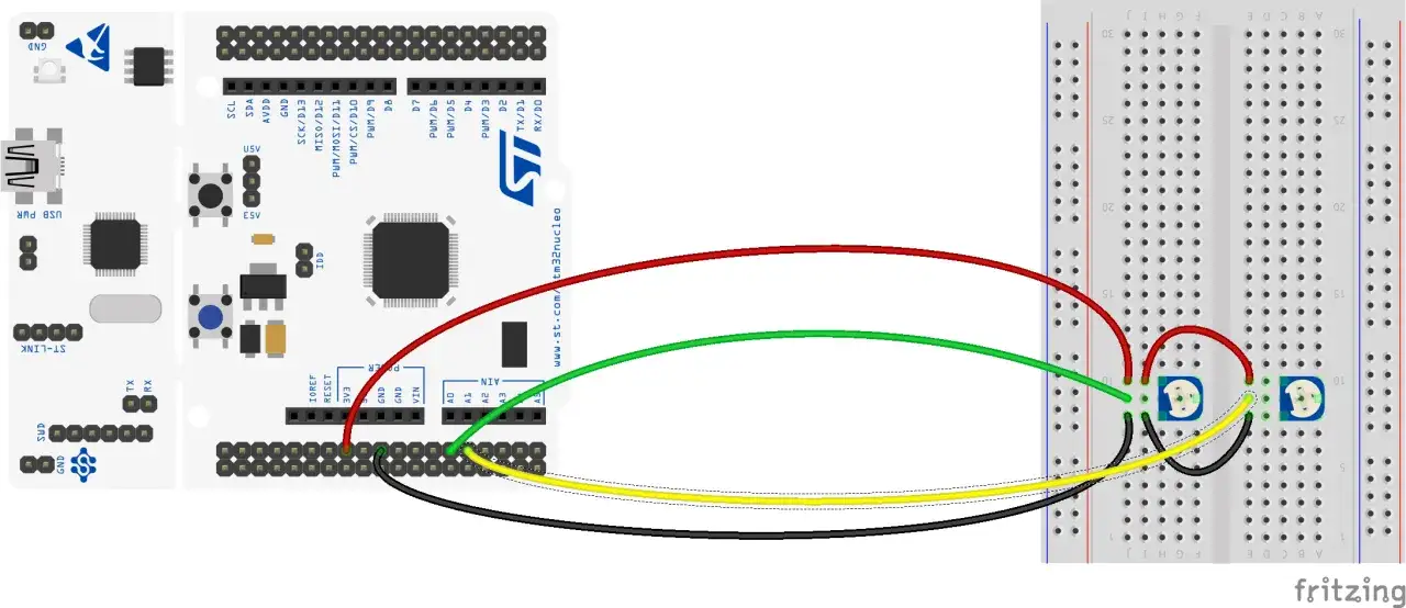 STM32 Nucleo z podłączonymi potencjometrami do breadboardu. DMA może być użyte do efektywnego przesyłania danych z potencjometr&oacute;w.