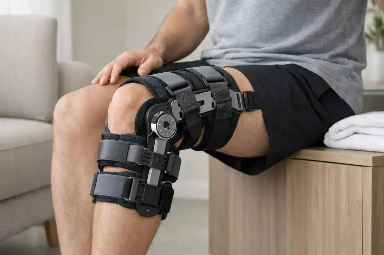 Mann mit Knie Schiene nach OP. Die Orthese stabilisiert das Bein nach einer Operation.