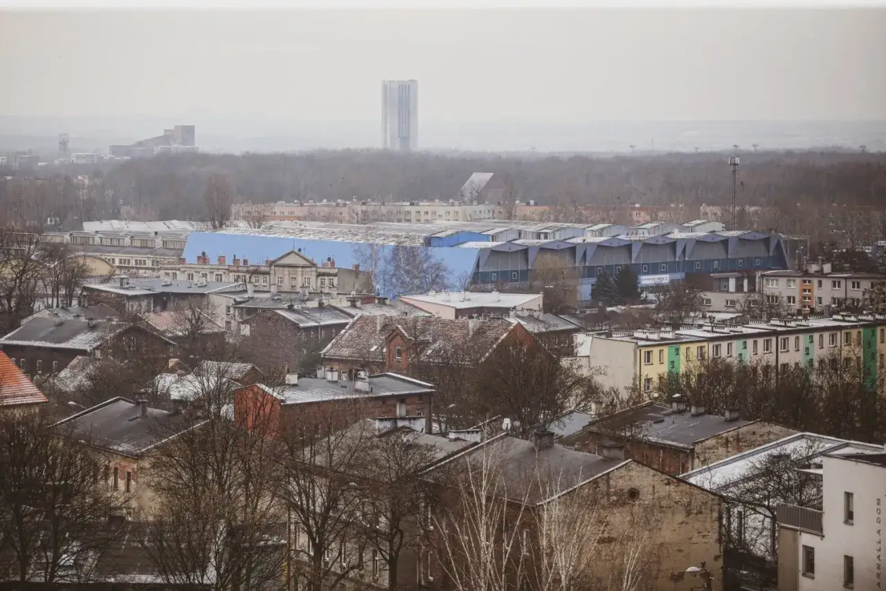 Widok na miasto z wieżą ciśnień w Zabrzu w oddali. Widać zabudowania mieszkalne i przemysłowe.