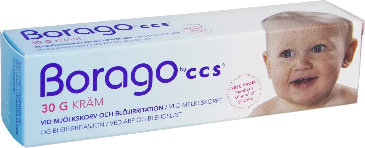 Borago CCS kräm för skorv behandling. Mild och skonsam mot bebisens hud. Fri från parabener, mineralolja och silikon.