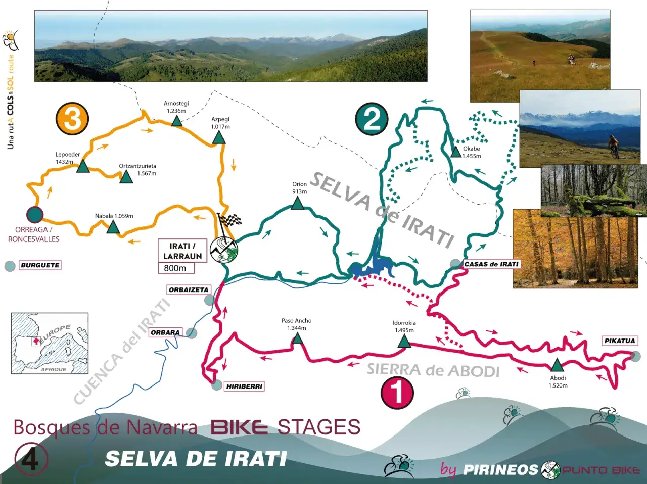 Mapa de rutas de senderismo y ciclismo en la Selva de Irati, Navarra, con etapas numeradas y puntos de interés.