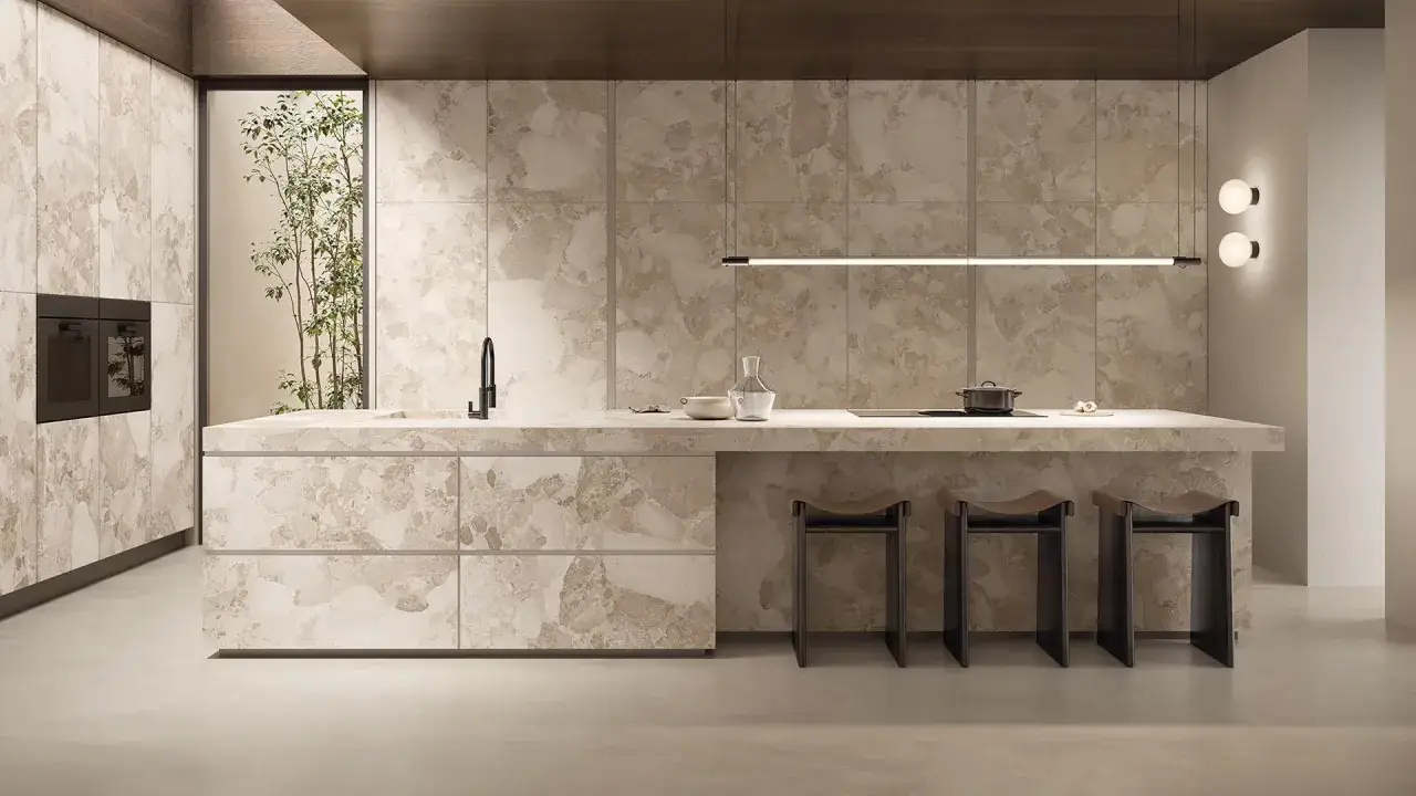 Cucina moderna con isola centrale e piano in gres porcellanato effetto marmo. Pareti e ante rivestite con lo stesso materiale creano un ambiente elegante e continuo.