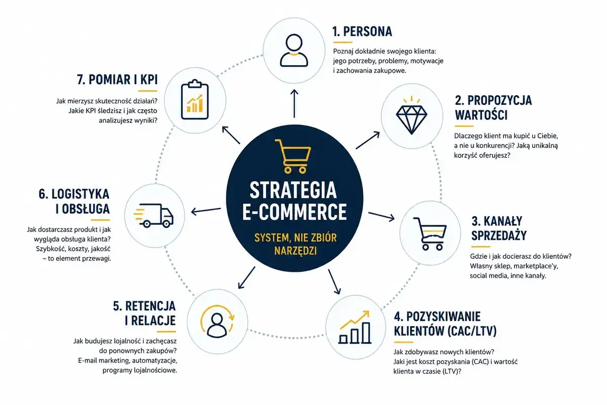 Schemat strategii e-commerce: persona, propozycja wartości, kanały sprzedaży, pozyskiwanie klient&oacute;w, retencja, logistyka, pomiar KPI.