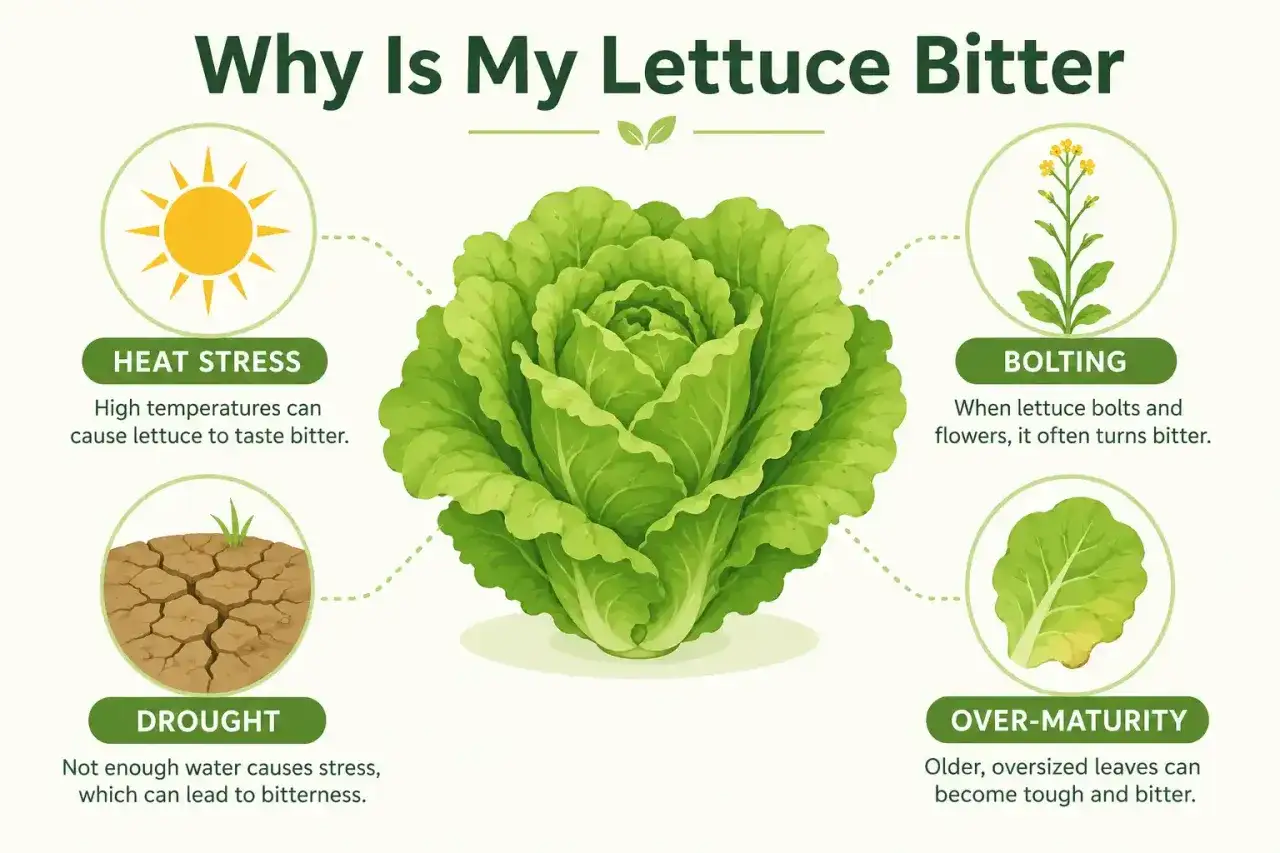 Warum schmeckt mein Salat bitter? Hitze, Trockenheit, Blüte oder Überreife können dazu führen, dass der Salat bitter wird.