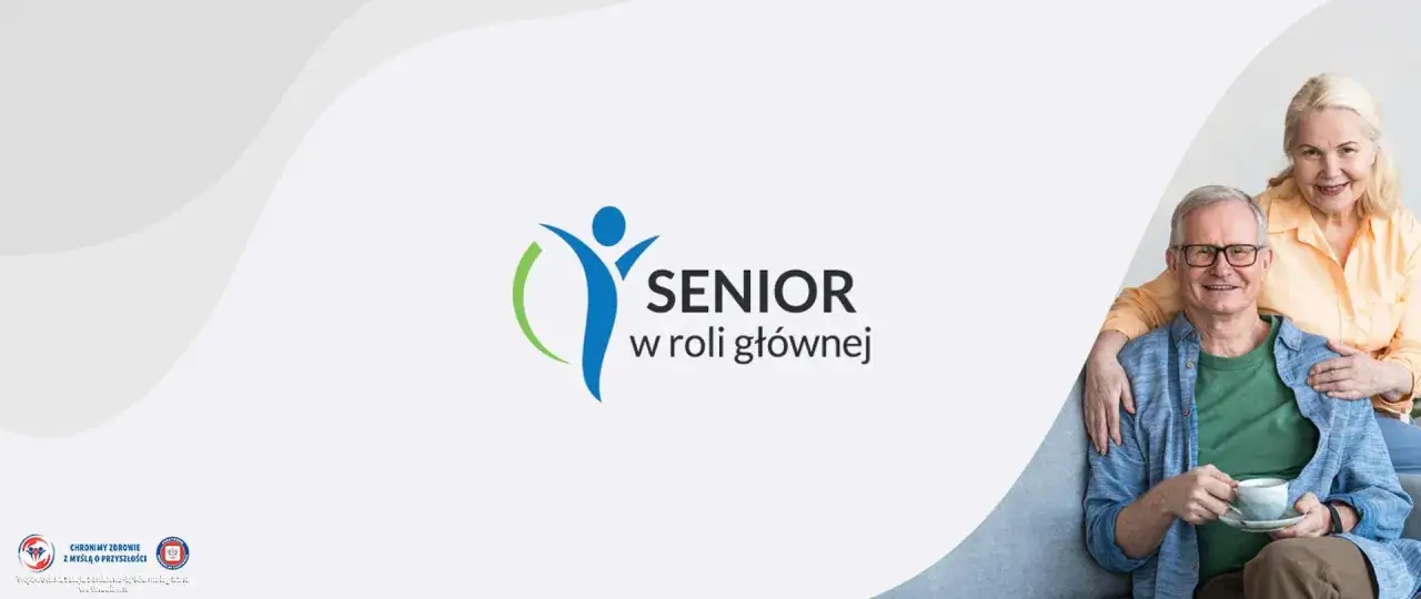 Uśmiechnięci seniorzy, symbol aktywnego życia i hasło 