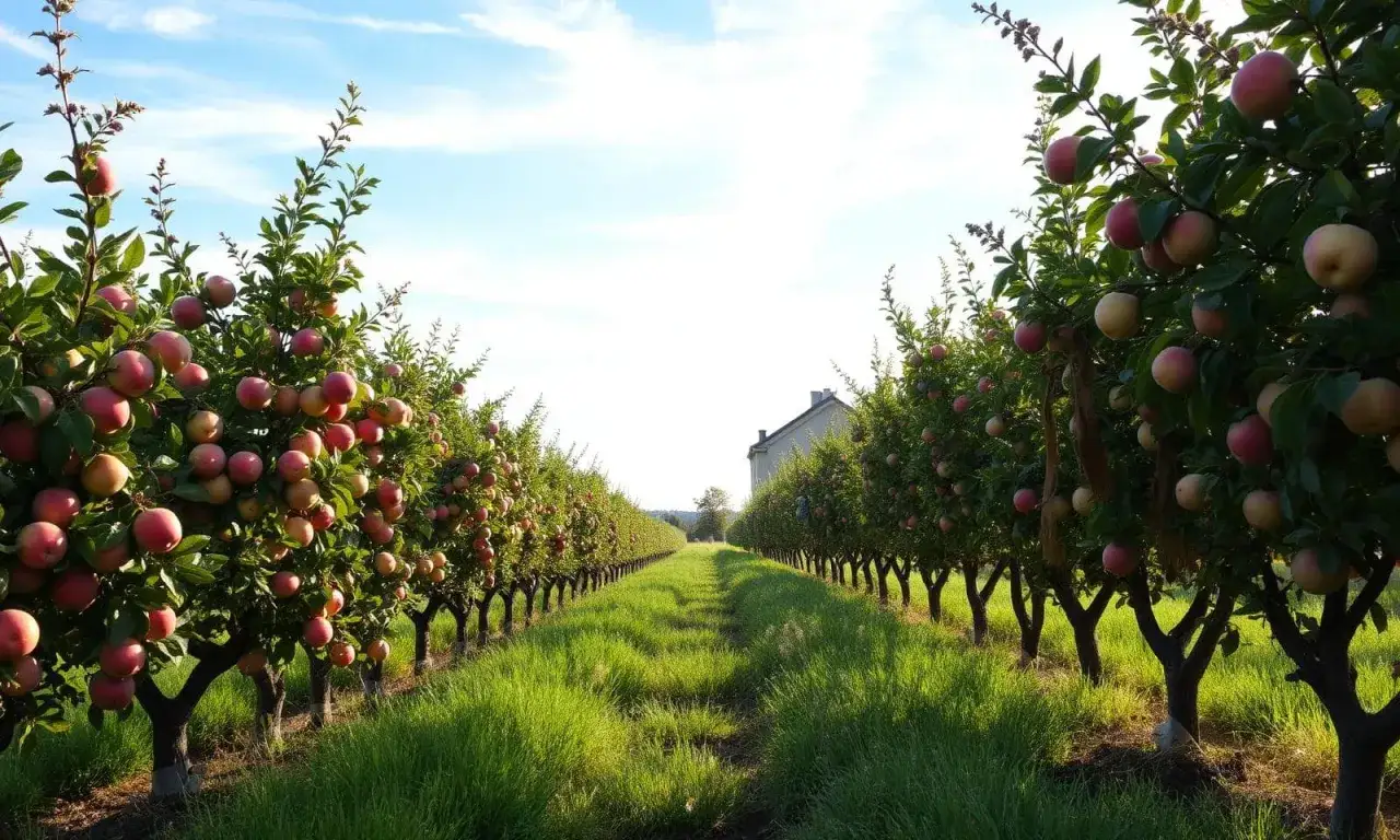Rangée de pommiers chargés de fruits, évoquant la belle durée de vie d'un pommier. Un chemin herbeux mène vers une maison.