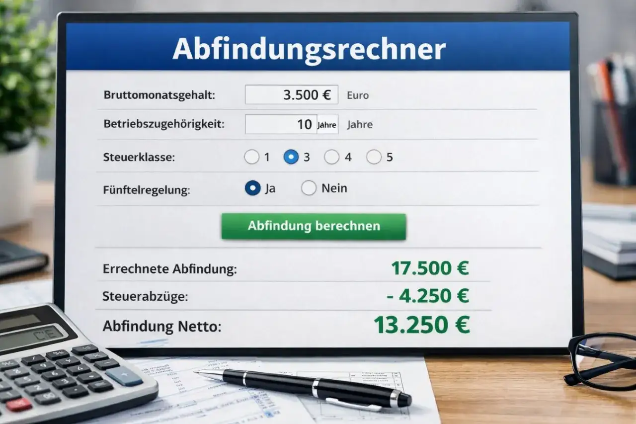 Abfindungsrechner zeigt, wie sich die Abfindung nach Abzug von Sozialabgaben und Steuern auf 13.250 &euro; bel&auml;uft.
