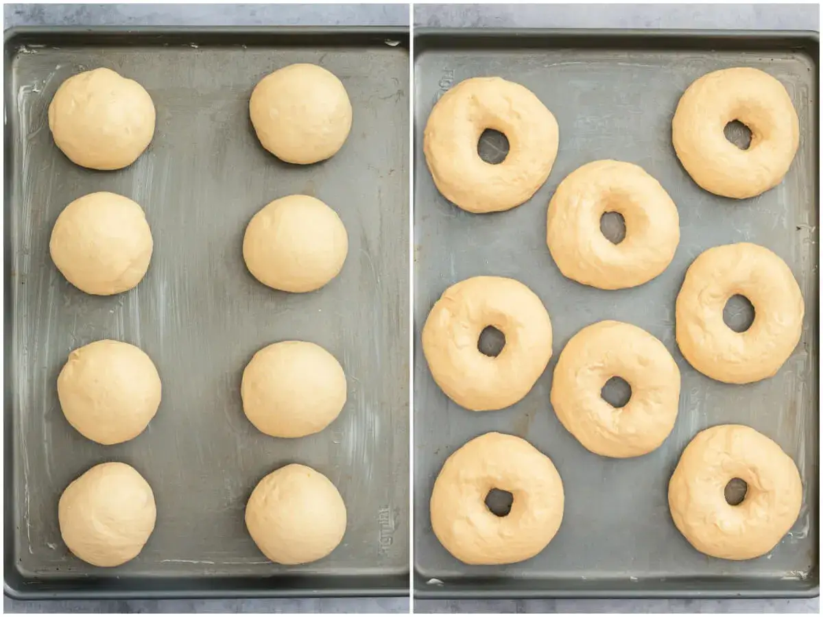 Steg f&ouml;r steg: bagels recept. F&ouml;rst runda degbollar p&aring; pl&aring;t, sedan formade bagels.