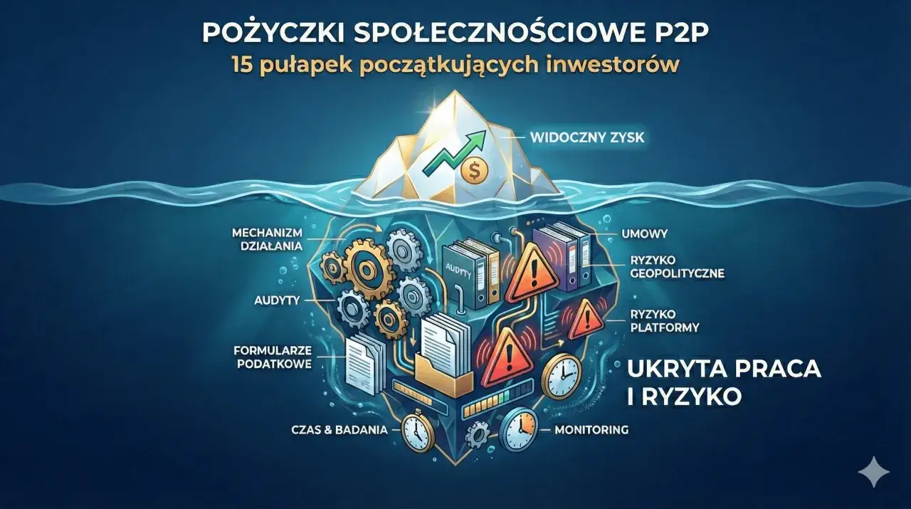 Góra lodowa symbolizująca pożyczki społecznościowe P2P. Widoczny zysk, pod wodą mechanizm działania, audyty, umowy, ryzyko i ukryta praca. Sprawdzone pożyczki społecznościowe wymagają analizy.