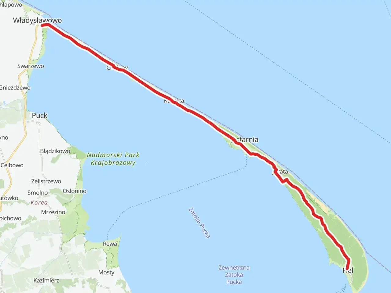 Mapa przedstawia nadmorską trasę rowerową z Władysławowa przez Półwysep Helski do Helu.