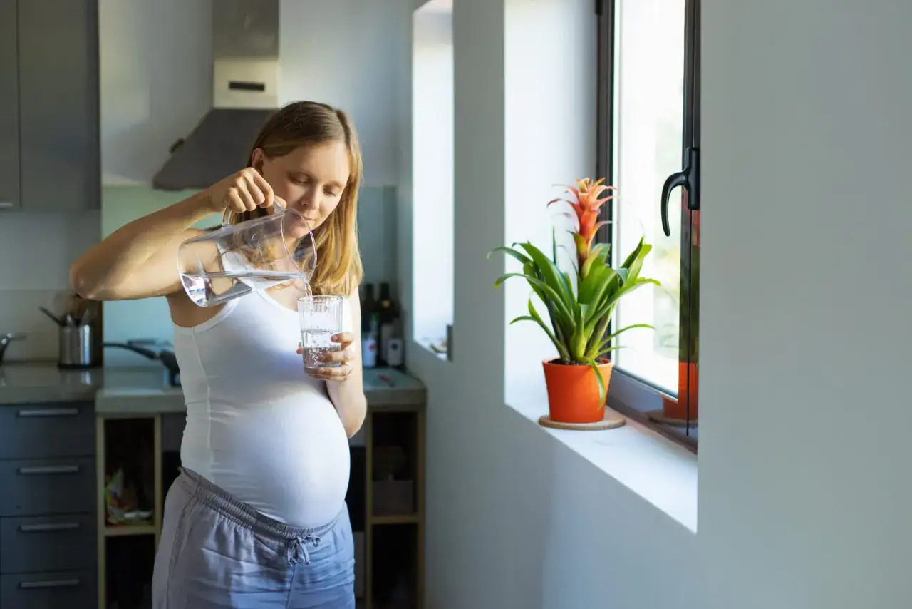 Une femme enceinte verse de l'eau du robinet dans un verre. Elle est dans sa cuisine, pr&egrave;s d'une fen&ecirc;tre avec une plante.