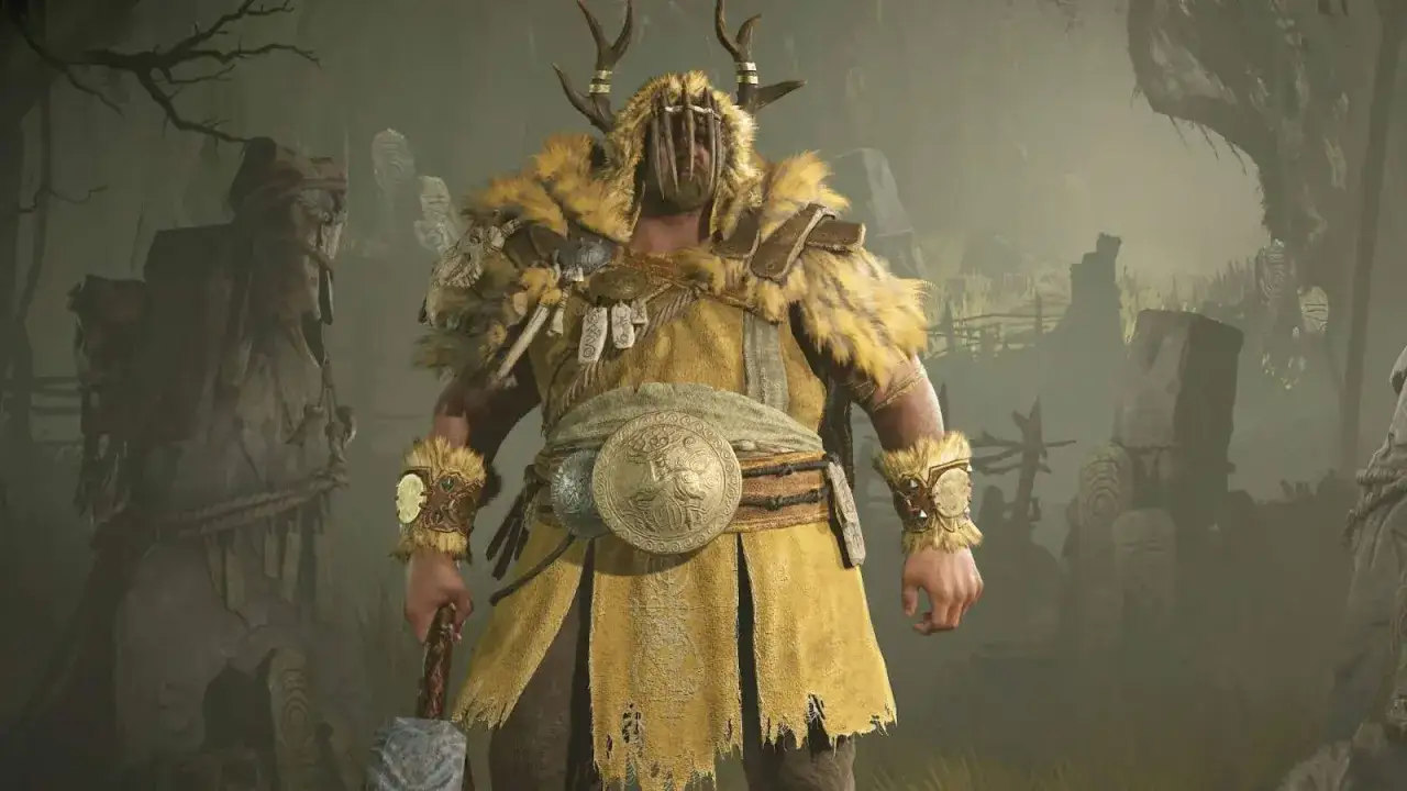 Potężny druid z Diablo 4, w futrzanej zbroi i z porożem, gotowy do walki. Idealny diablo 4 druid build pl.