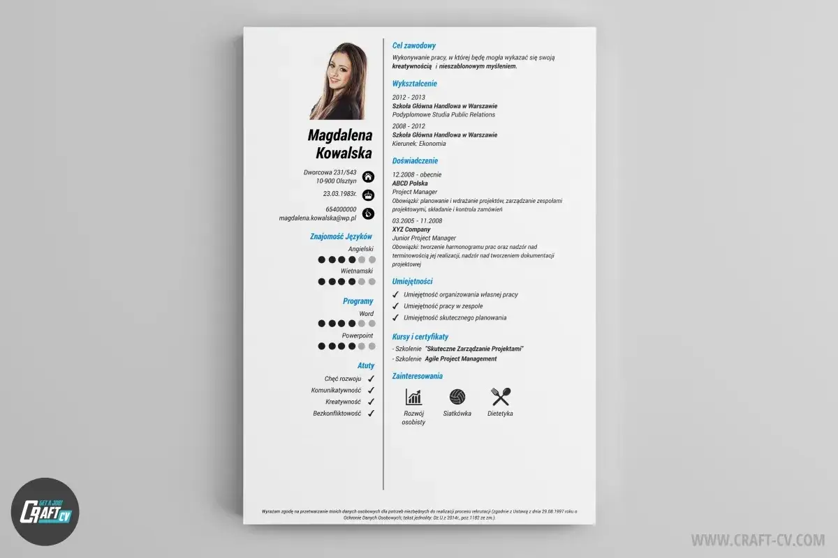 Curriculum vitae Magdaleny Kowalskiej: wykształcenie, doświadczenie, umiejętności i zainteresowania.