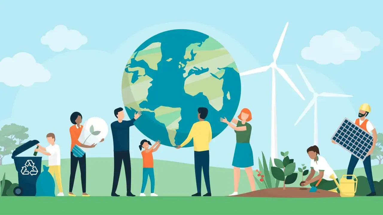 Menschen engagieren sich für den Klimaschutz: Sie halten die Erde, pflanzen Bäume, nutzen erneuerbare Energien und recyceln.