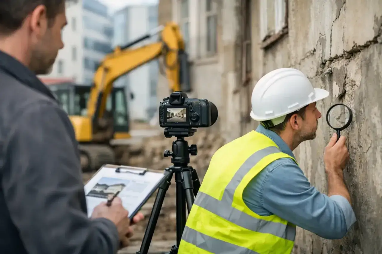 Ingenieure sichern Beweise vor Baubeginn. Einer prüft Risse mit Lupe, der andere dokumentiert auf Klemmbrett. Bagger im Hintergrund.