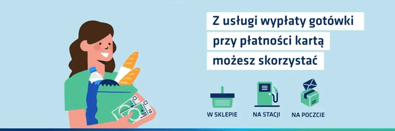 Kobieta z zakupami i pieniędzmi. Usługi wypłaty gotówki przy płatności kartą to wygodny cashback. Dostępne w sklepie, na stacji i poczcie.