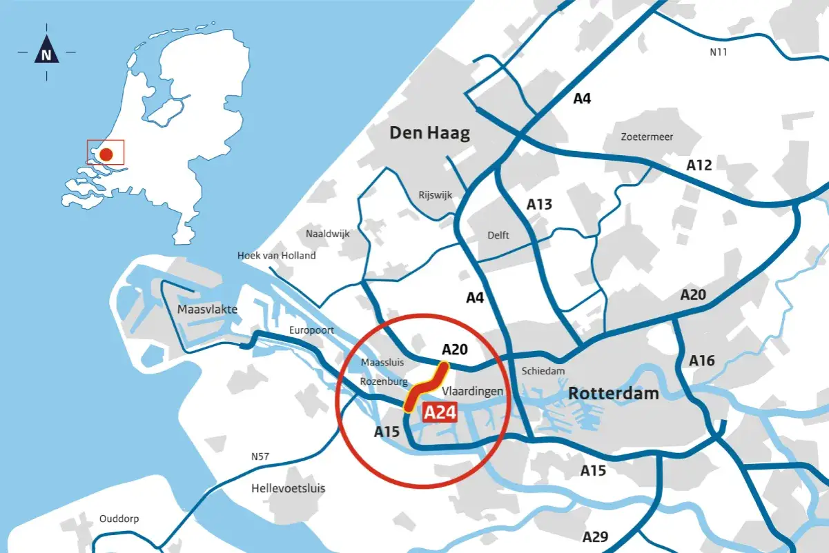 Mapa drogowa Holandii z zaznaczonym obszarem A24 w okolicach Rotterdamu.