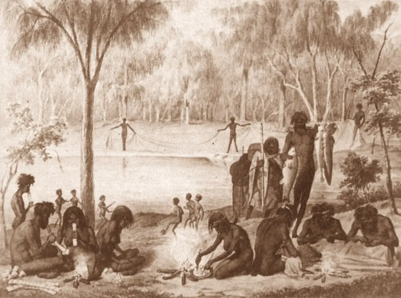Scene di vita del popolo australiano: uomini pescano con reti, altri preparano il cibo sul fuoco, mentre bambini giocano.