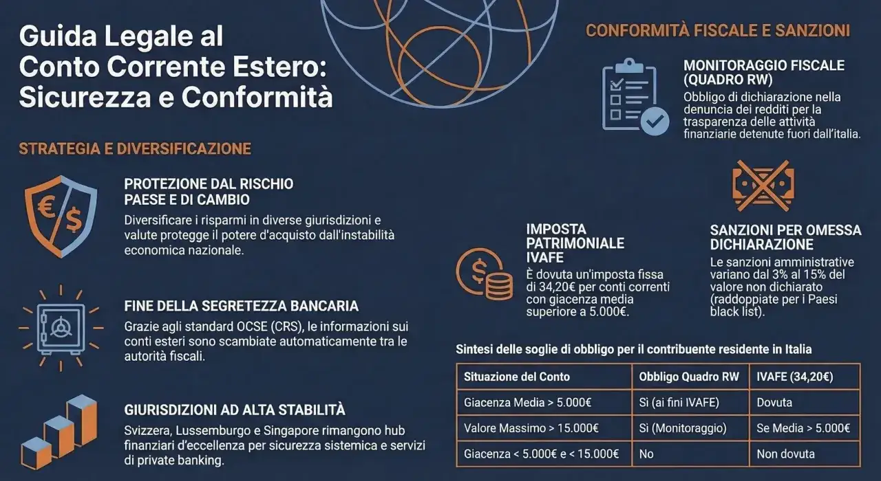 Guida legale per conto corrente estero, con focus su Svizzera, sicurezza e conformit&agrave; fiscale.