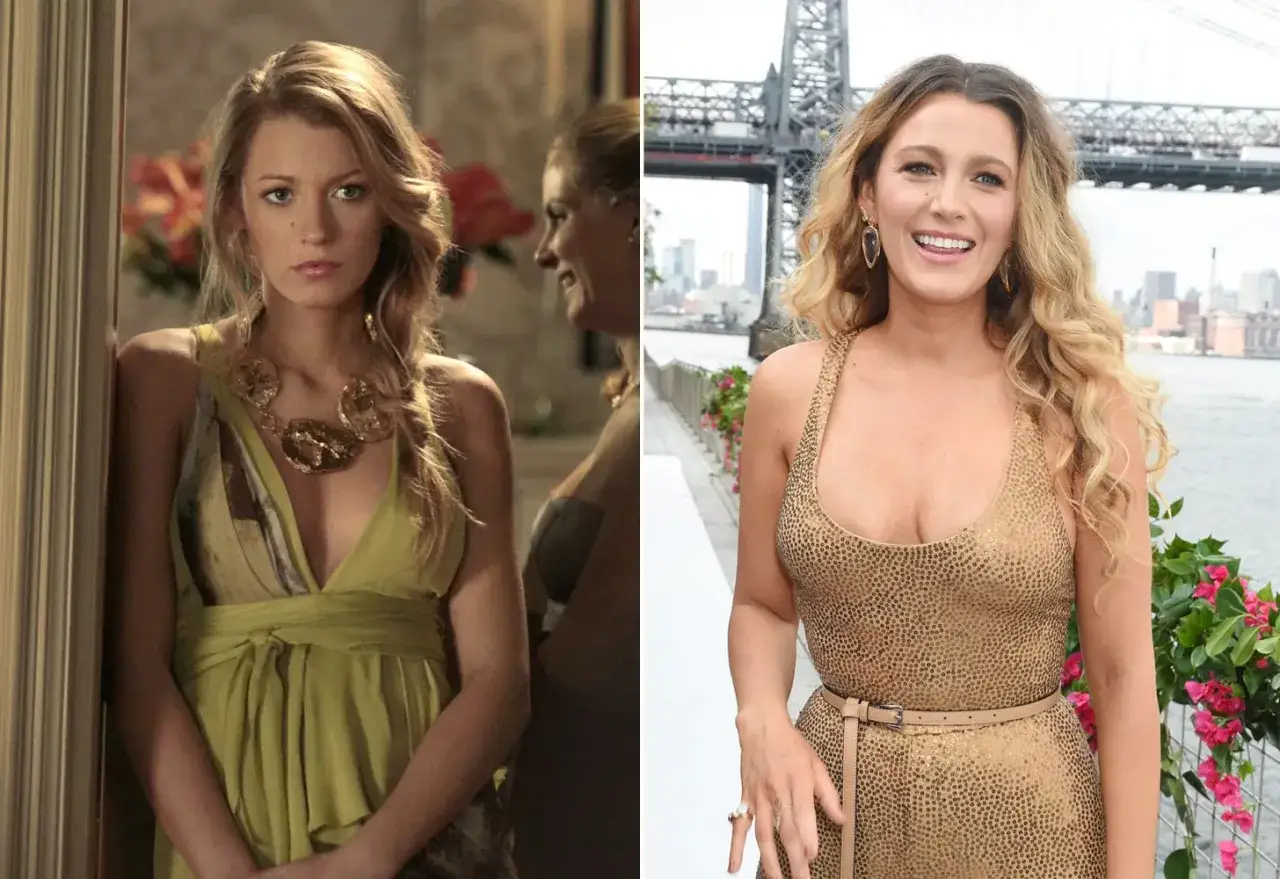 Blake Lively, bekannt aus der Besetzung von Gossip Girl, in einem grünen Kleid und einem goldenen Outfit.