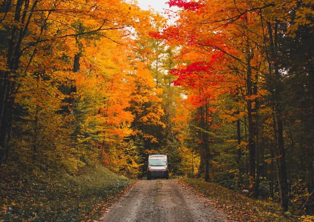 Wohnmobilfahrt durch einen bunten Herbstwald. Perfekt für Reiseziele im Oktober mit dem Auto in Europa.