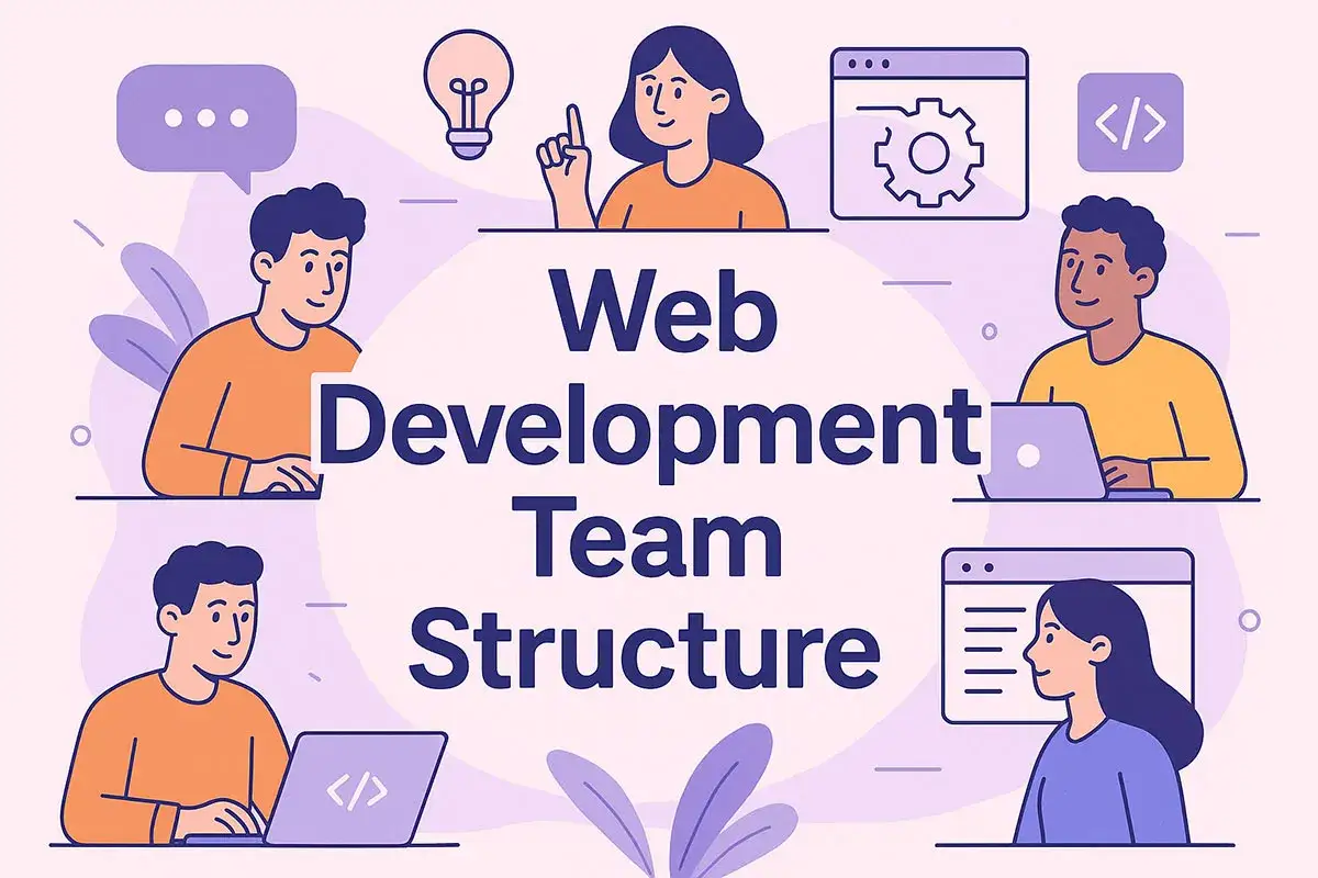 Illustration zeigt, wie crossfunktionale Teams in der Webentwicklung zusammenarbeiten, mit Personen, Laptops und Code-Symbolen.