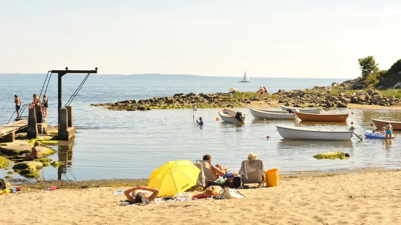 Soliga aktiviteter Halmstad: människor solar på stranden, badar från en brygga och njuter av båtliv.