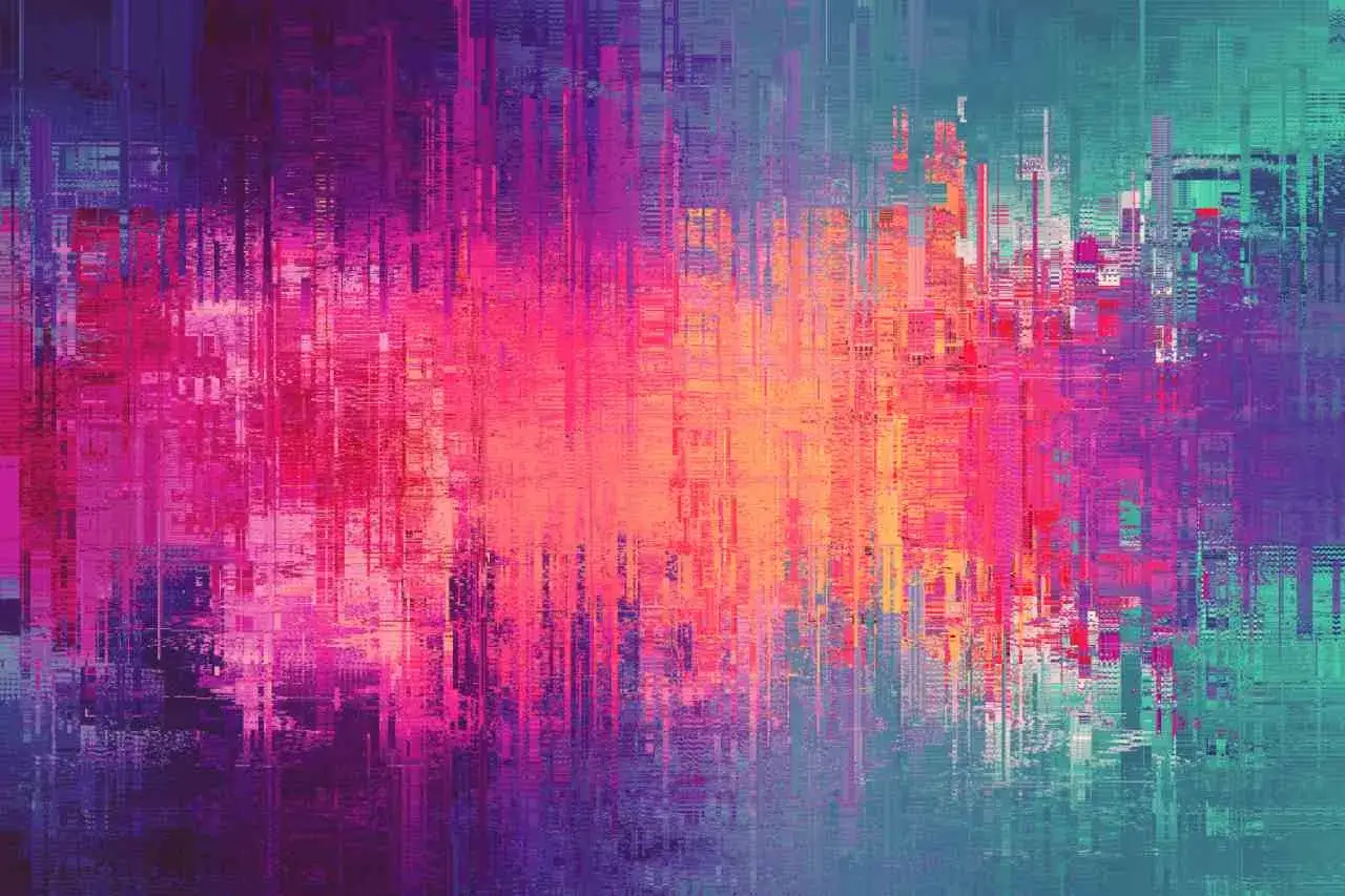 Abstrakcyjny obraz w odcieniach fioletu, r&oacute;żu i turkusu, przypominający wizualizację glitch sound.