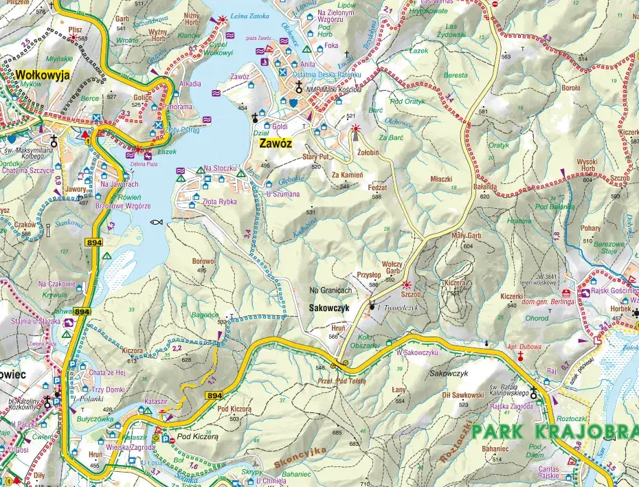 Mapa Jeziora Solińskiego z zaznaczonymi miejscowościami
