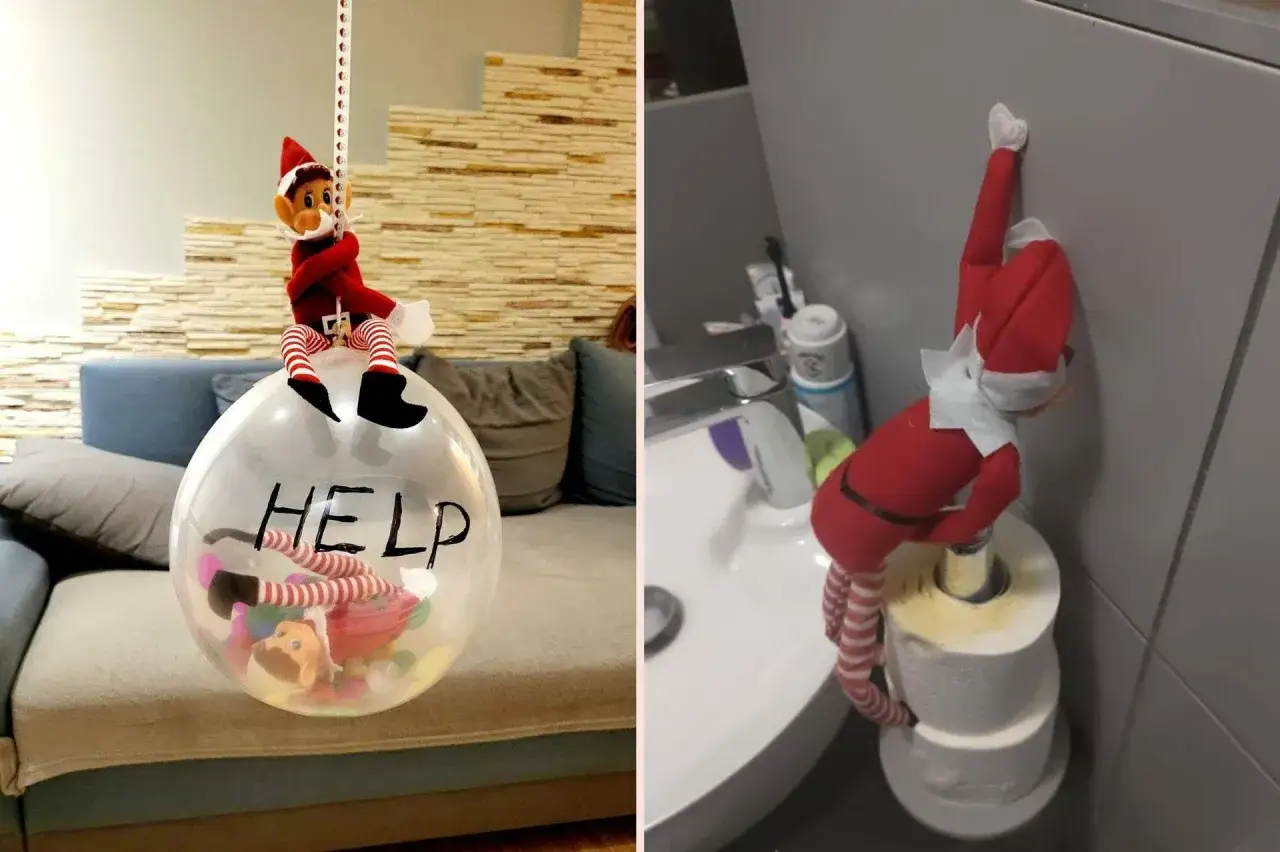 Elf pomocnik Mikołaja w balonie z napisem 