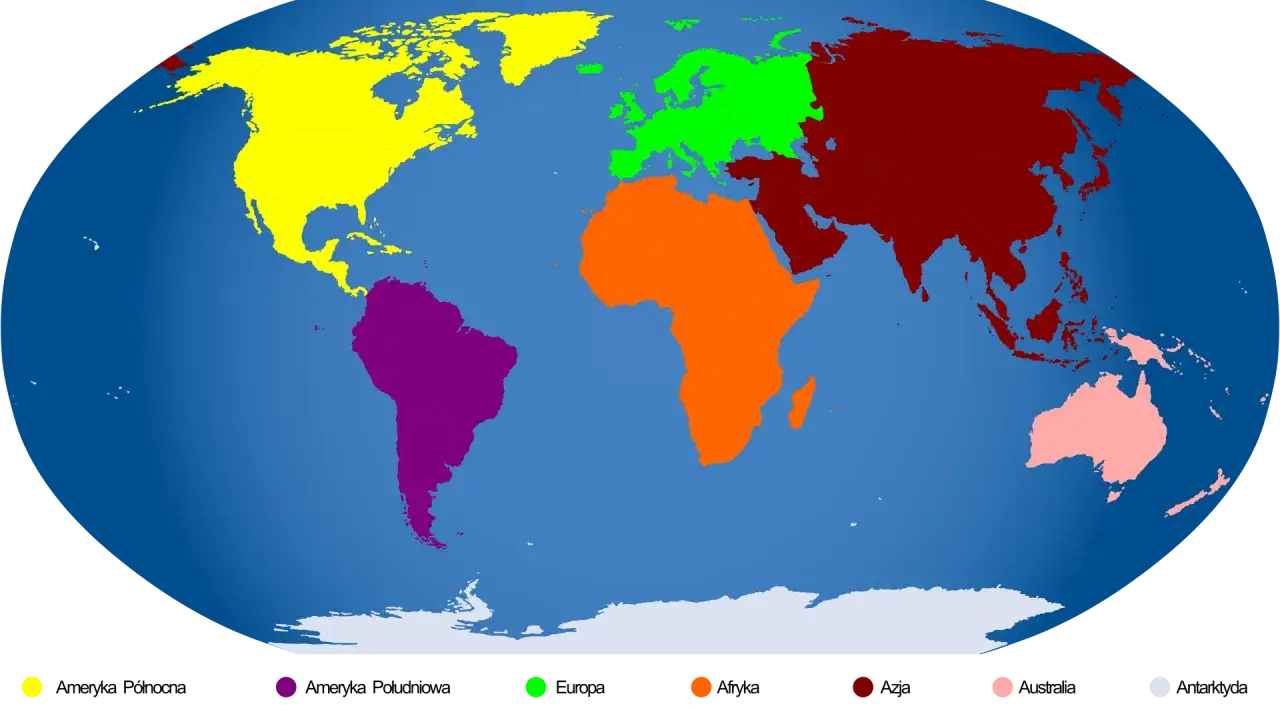 Mapa świata z zaznaczonymi kontynentami: Ameryka Północna, Ameryka Południowa, Europa, Afryka, Azja, Australia i Antarktyda.