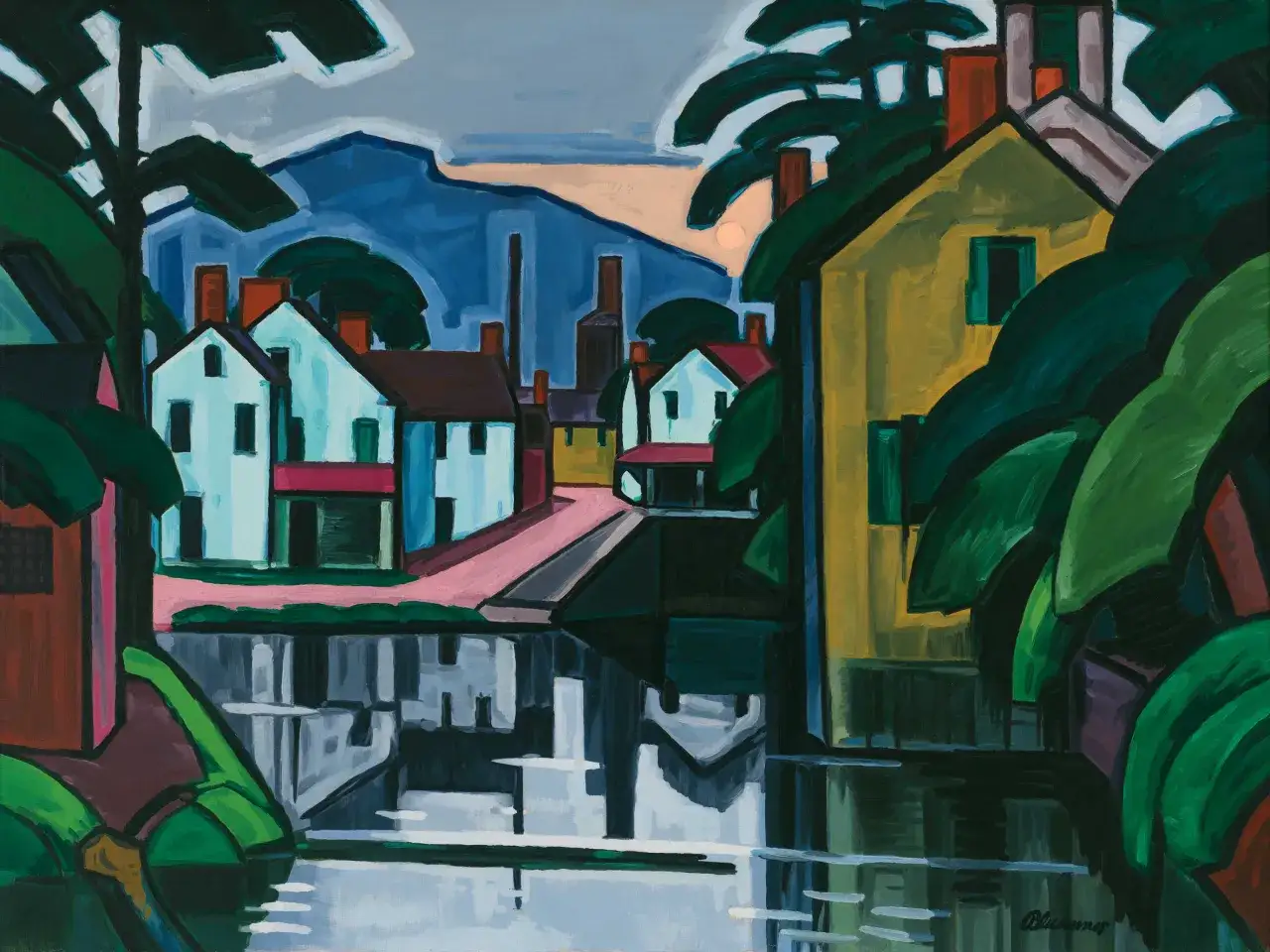 A vibrant landscape painting in the style of American Modernism, featuring geometric houses, dark trees, and a reflective body of water under a soft sunset.