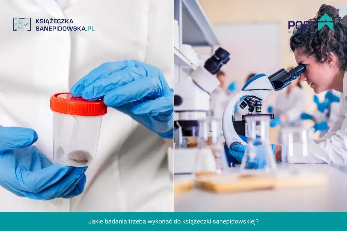 Ręce w niebieskich rękawiczkach trzymają pojemnik z próbką do badań. Obok młoda kobieta bada coś pod mikroskopem. Dowiedz się, ile jest ważna książeczka sanepidowska.