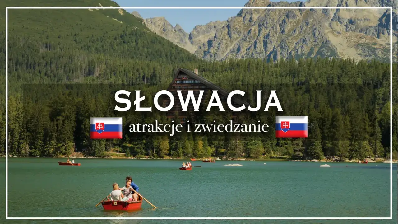 Słowacja atrakcje: malownicze jezioro, góry i lasy. Ludzie pływają łodziami, odkrywając piękno przyrody.