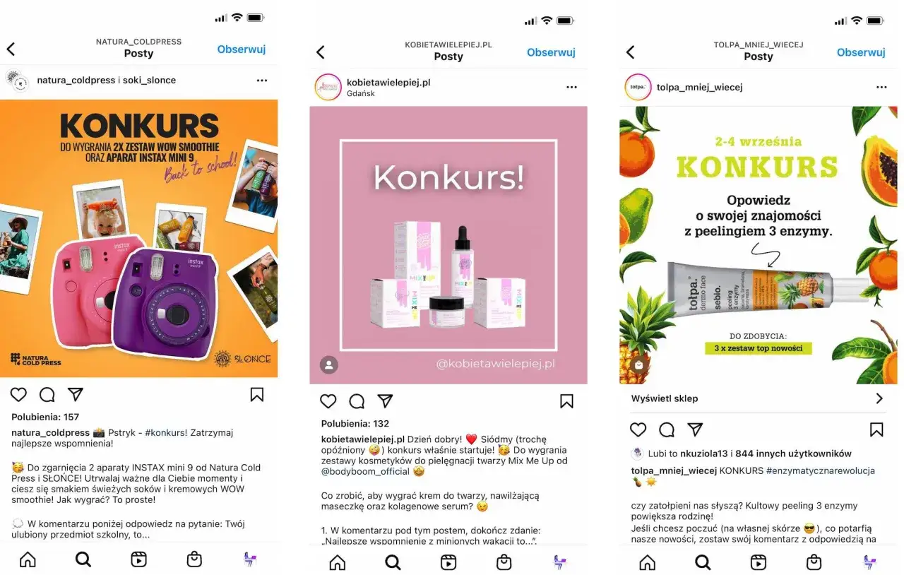 Trzy posty z Instagrama ogłaszające konkursy: z aparatami Instax, kosmetykami Mix Me Up i peelingiem enzymatycznym Tolpa.