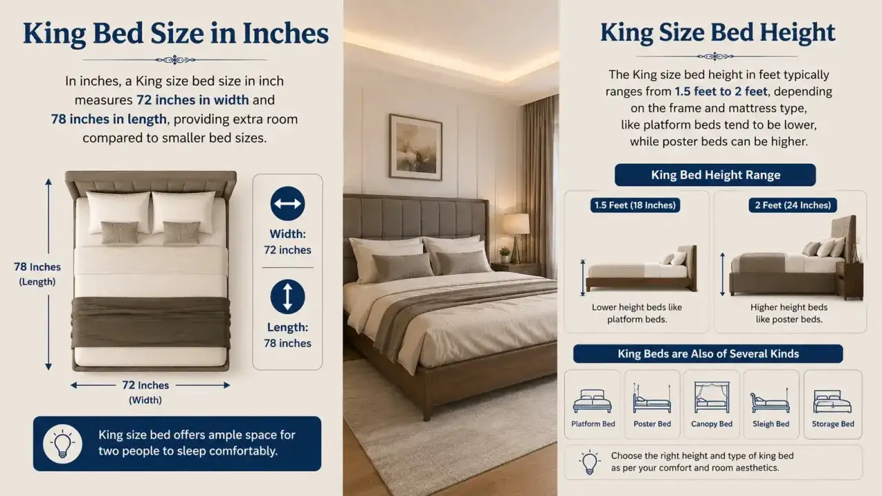 Cama King de 72x78 pulgadas, con altura de 1.5 a 2 pies. El tamaño de la altura cama con colchón es ideal para máximo confort.