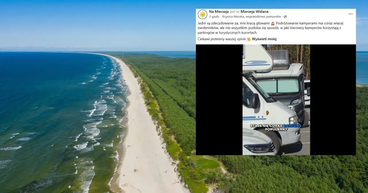 Piękny parking z widokiem na morze i las. Obok kampery, które stają się coraz bardziej popularne.
