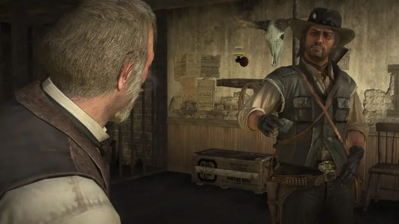 Dw&oacute;ch mężczyzn w westernowych strojach, jeden z nich trzyma pieniądze. Klimat Red Dead Redemption PS5.