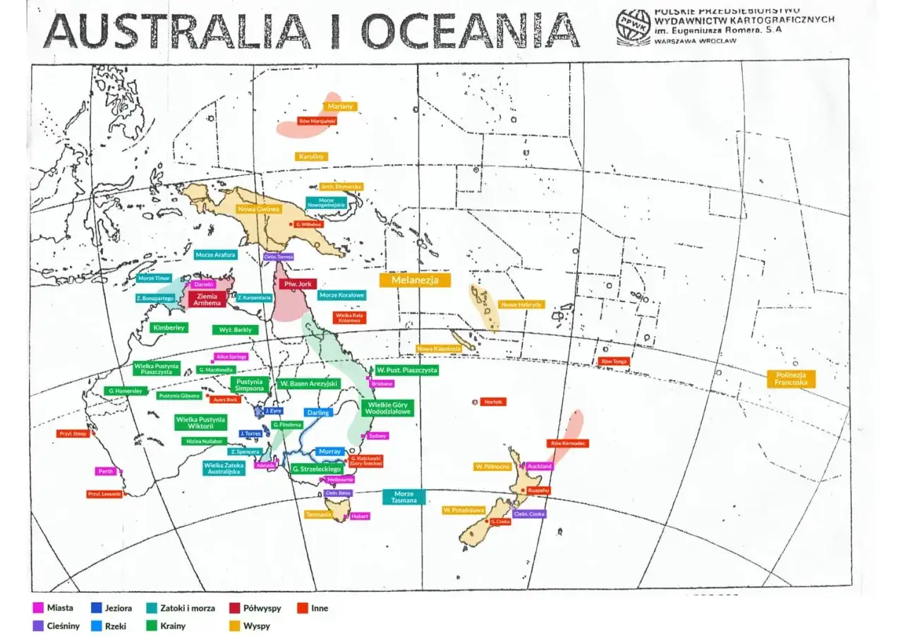 Mapa przedstawia **linię brzegową Australii** i Oceanii, z zaznaczonymi miastami, rzekami, pustyniami i wyspami.