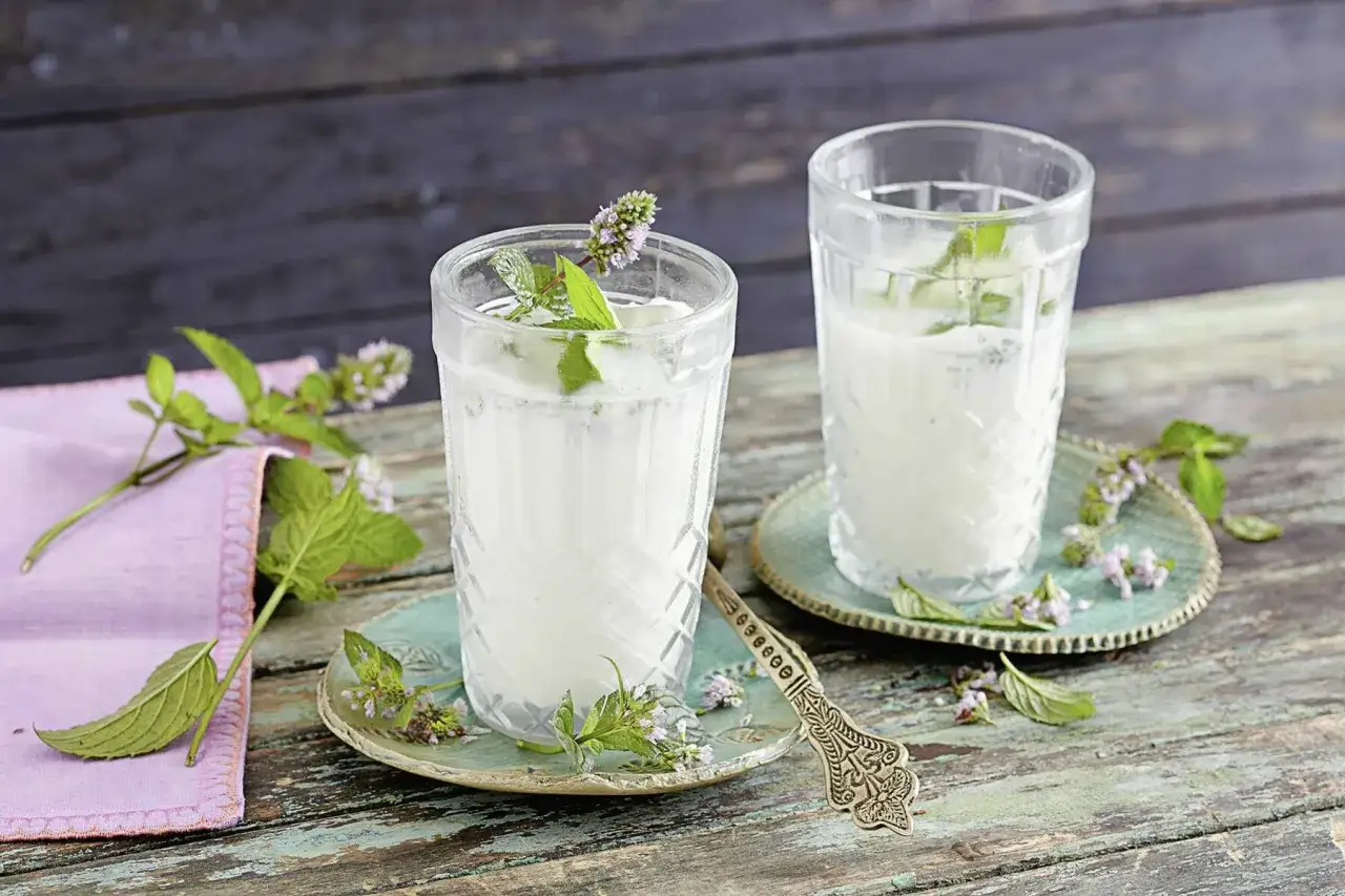 Erfrischender Ayran selber machen: Zwei Gl&auml;ser mit Minze und kleinen Bl&uuml;ten auf rustikalem Holztisch.