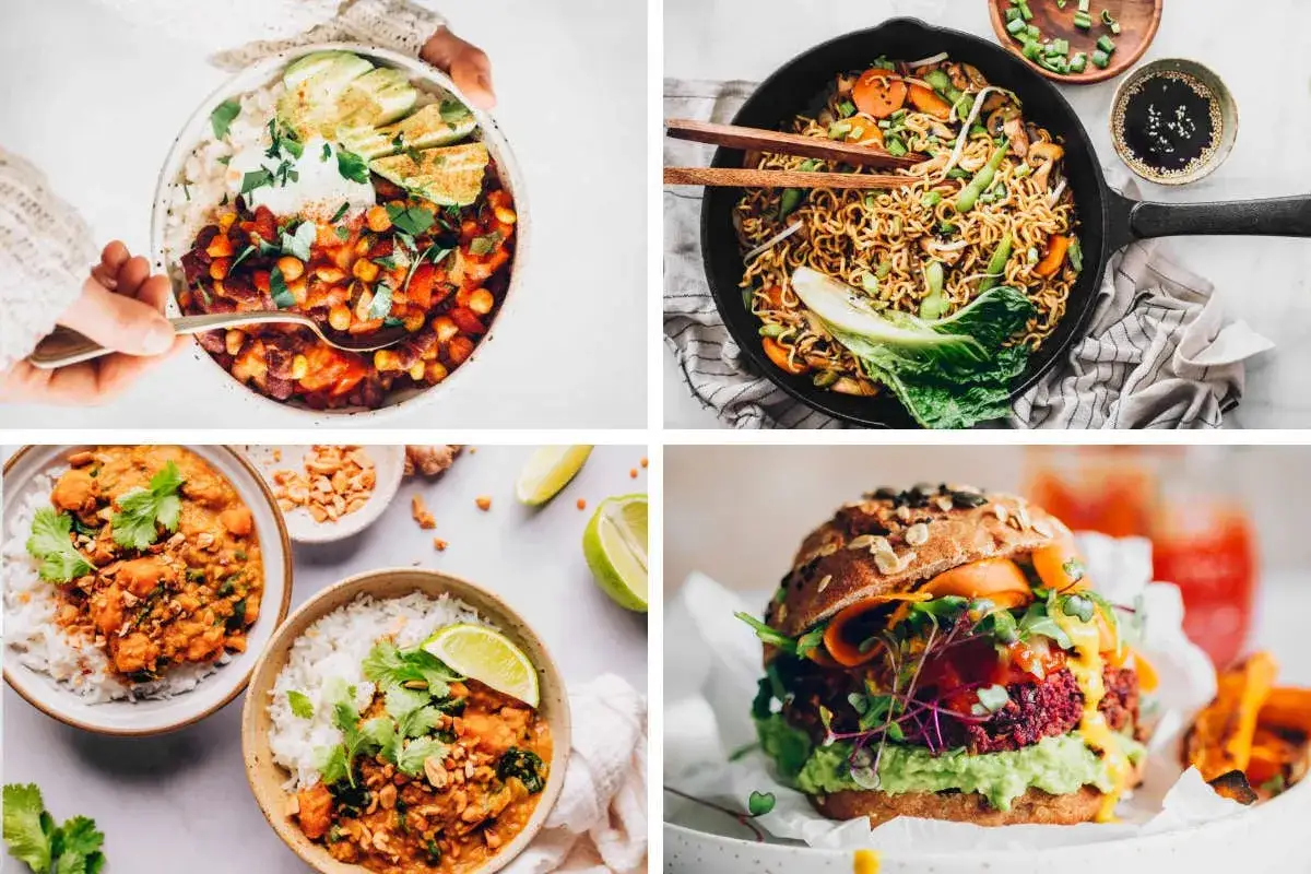 Vier leckere vegane Rezepte zum Abnehmen: Bowl mit Avocado, Nudelpfanne, Linsencurry mit Reis und ein Burger mit S&uuml;&szlig;kartoffelpommes.