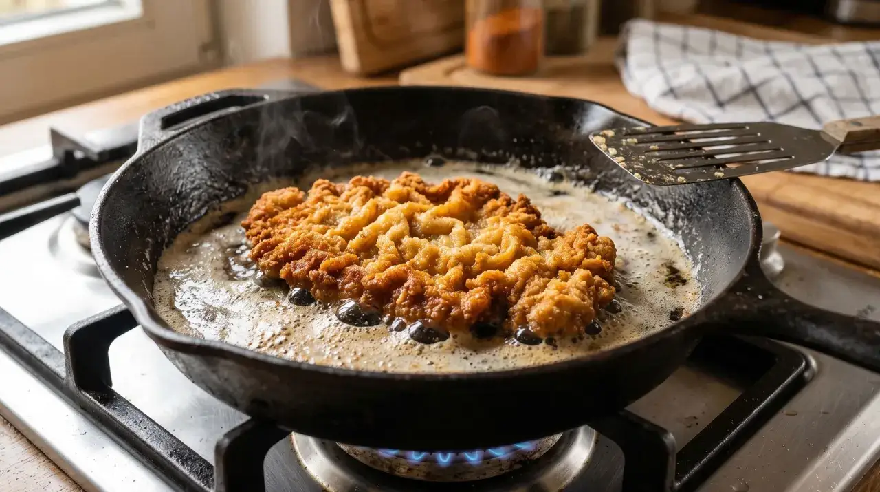 Ein goldbraunes Schnitzel braten in hei&szlig;em Fett in einer Gusseisenpfanne. Dampf steigt auf, w&auml;hrend die Panade knusprig wird.